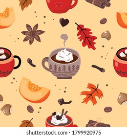 Background pumpkin spice latte: cups of hot coffee, coffee with cream, marshmallow, pumpkin slices, clove spice, cinnamon, star anise, oak leaves, coffee beans. Autumn seamless pattern, vector.