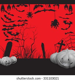 background, pumpkin trees grave spiders, bats halloween set, vector illustration hanging upside down and in flight, to print labels and office decoration, crafts, template 