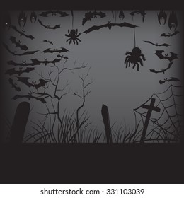 background, pumpkin trees grave spiders, bats halloween set, vector illustration hanging upside down and in flight, to print labels and office decoration, crafts, template 