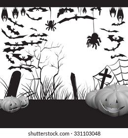 background, pumpkin trees grave spiders, bats halloween set, vector illustration hanging upside down and in flight, to print labels and office decoration, crafts, template 