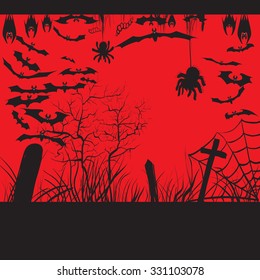 background, pumpkin trees grave spiders, bats halloween set, vector illustration hanging upside down and in flight, to print labels and office decoration, crafts, template 