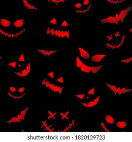 Antecedentes con calabazas y murciélagos Halloween con una perfecta ilustración vectorial de patrón. patrón de emociones calabazas sobre fondo negro, fondo de pantalla, diseño de impresión