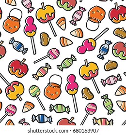 background with pumpkins candy sweets and apple - Halloween Pattern for greeting cards, packing, cards, packets, flyers