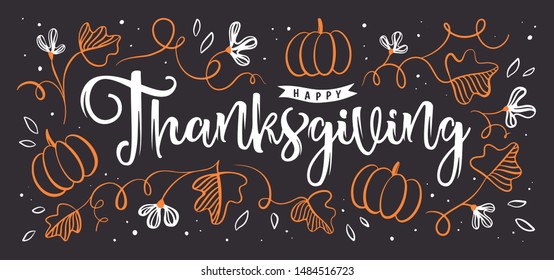 Background With Pumpkins And Hand Drawn Lettering Happy Thanksgiving. Design For Fall Season Sale Banner, Poster, Greeting Card, Festival Invitation