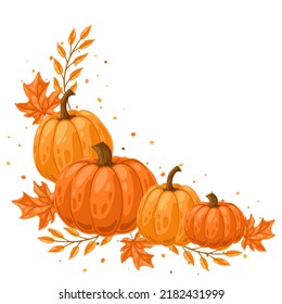 Background with pumpkins and leaves. Decorative image of autumn vegetable and plant.