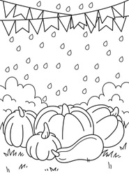 Background With Pumpkins, Rain, Decor. Autumn. Halloween. Black And White Vector Illustration. Coloring Book.