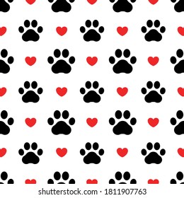 Background puppy. Pet prints. Paw seamless pattern. Trace foot dog, cat. Cute print for pets, dog or cat. Black silhouette shape paw. Footprint pet. Animal track. Design walks pet for print. Vector