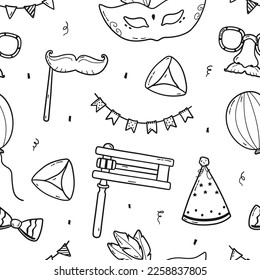 Background for Purim holiday with hand drawn traditional elements. Vector seamless pattern with carnival masks, gragger, Hamantaschen cookies, balloon, bow, confetti, party hat and garland