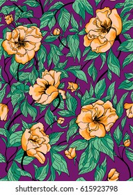 Background purple botanical pattern with big yellow flowers