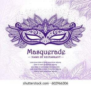 Background with purple carnival mask and lilac pattern. Vector isolated illustration. Design invitation card, poster flyer.