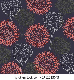 The background is purple in color with the image of large flowers of red, beige, green. For printing on paper, fabric, office supplies, photo products, wallpaper, textiles. Vktor graphics.