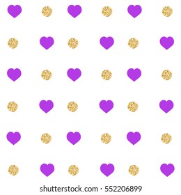 Background with purple heart and gold glittering circles . Vector illustration.