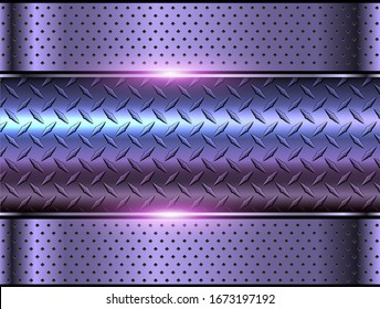 Diseño vectorial 3d cromado en color púrpura con textura de chapa de diamante.