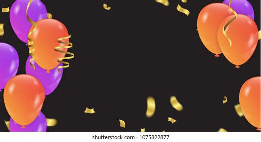 Background with Purple and orange  balloons and confetti. Vector illustration