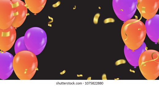 Background with Purple and orange  balloons and confetti. Vector illustration