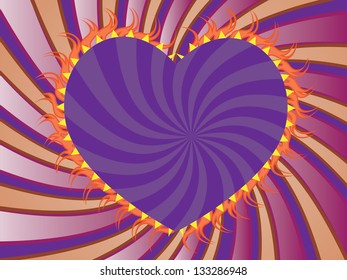 Background with purple, orange rays and violet flaming heart.