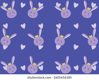 Background with purple rabbits in crowns and hearts