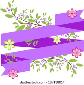 Background with purple ribbon and floral elements in simple style