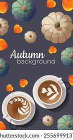 background of purple rich color with autumn leaves in the shape of a heart in yellow-orange color. The pumpkin is blue and flesh colored on top. Morning coffee with a leaf pattern.