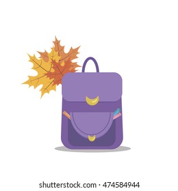 Background with purple school bag, school supplies and autumn leaves.Vector illustration.