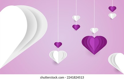 Antecedentes con corazones morados y blancos. Ilustración vectorial de papel. Recorte de papel y estilo hecho a mano. Concepto de amor, mujer, salud en las mujeres.