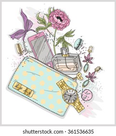 background with purse mobile phone perfume flower jewelry and macaroons accessory