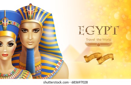 Background with queen Nefertiti and pharaoh Tutankhamen.