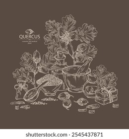 Background with quercus: branch of oak, leaves, oak bark, quercus tree and oak acorn. Oil, soap and bath salt . Cosmetics and medical plant. Vector hand drawn illustration