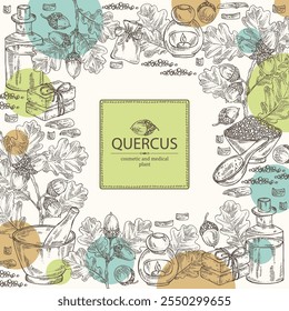 Background with quercus: branch of oak, leaves, oak bark, quercus tree and oak acorn. Oil, soap and bath salt . Cosmetics and medical plant. Vector hand drawn illustration