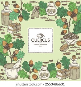 Background with quercus: branch of oak, leaves, oak bark, quercus tree and oak acorn. Oil, soap and bath salt . Cosmetics and medical plant. Vector hand drawn illustration