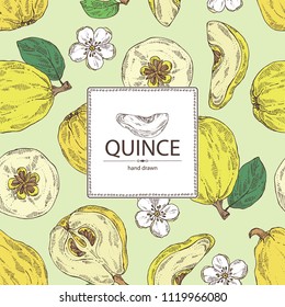 Background with quince: fruit, flower, leaves and quince slice. Vector hand drawn illustration.