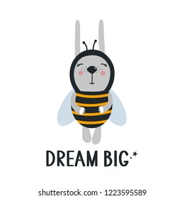 Background, rabbit - bee, english text. Dream big, cute poster design. Backdrop vector with lettering, stars. Decorative illustration. Save the date card. Happy animal