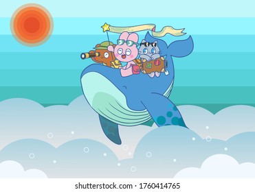 Antecedentes con conejos, osos y gatos volando sobre una ballena sobre el cielo, ilustración dibujada a mano