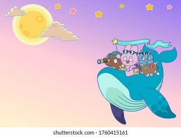 Background with rabbits, bears and cats flying on a whale over the sky, hand drawn illustration