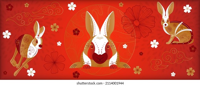 Background with rabbits and cherries for chinese new year or mid autumn festival. Suitable for banner, web, poster, greeting card, invitation. Vector illustration.