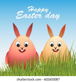 Background with   rabbits and landscape, vector illustration. Happy easter greeting card 
