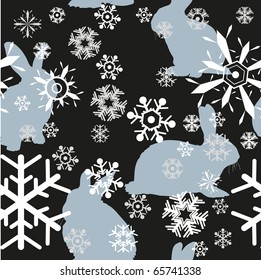 Background of rabbits and snowflakes on black