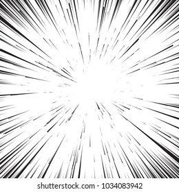 Background of radial lines for comic books. Manga speed frame, superhero action, explosion background. Black and white vector illustration