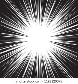 Background of radial lines for comic books. Manga speed frame, superhero action, explosion background. Black and white vector illustration