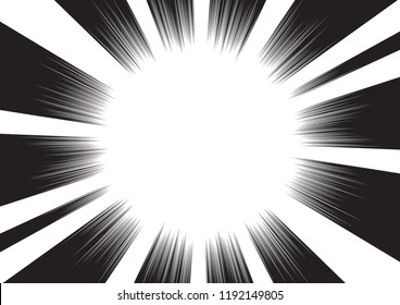 Background of radial lines for comic books. Manga speed frame, superhero action, explosion background. Black and white vector illustration