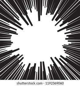Background of radial lines for comic books. Manga speed frame, superhero action, explosion background. Black and white vector illustration