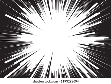 Background of radial lines for comic books. Manga speed frame, superhero action, explosion background. Black and white vector illustration