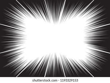 Background of radial lines for comic books. Manga speed frame, superhero action, explosion background. Black and white vector illustration