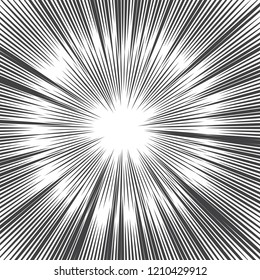 Background of radial lines for comic books. Manga speed frame, superhero action, explosion background. Black and white vector illustration