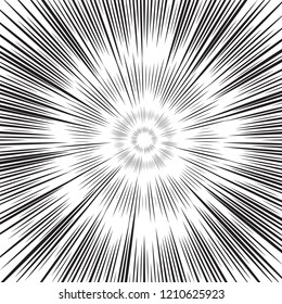 Background of radial lines for comic books. Manga speed frame, superhero action, explosion background. Black and white vector illustration