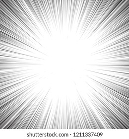 Background of radial lines for comic books. Manga speed frame, superhero action, explosion background. Black and white vector illustration