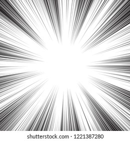 Background of radial lines for comic books. Manga speed frame, superhero action, explosion background. Black and white vector illustration
