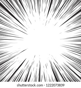 Background of radial lines for comic books. Manga speed frame, superhero action, explosion background. Black and white vector illustration