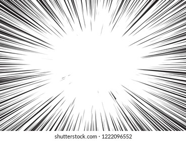 Background of radial lines for comic books. Manga speed frame, superhero action, explosion background. Black and white vector illustration