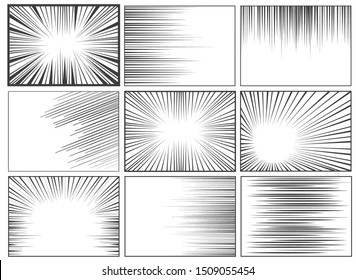 Background Of Radial Lines For Comic Books. Manga Speed Frame, Superhero Action, Explosion Background. Black And White Vector Illustration